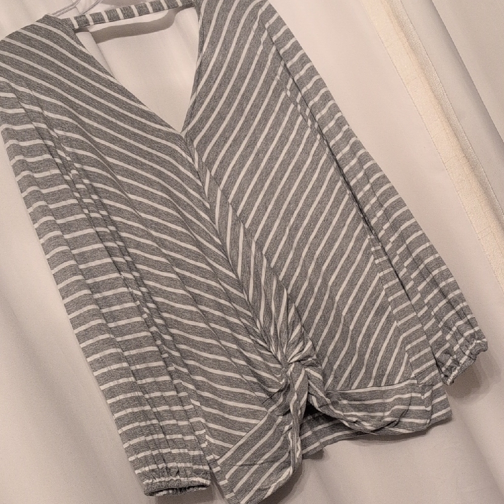 Liverpool Gray and White Striped Blouse with Knot